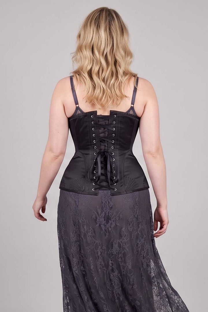 ORCHID Underbust Waist-Training Corset in Black Satin on model - back view