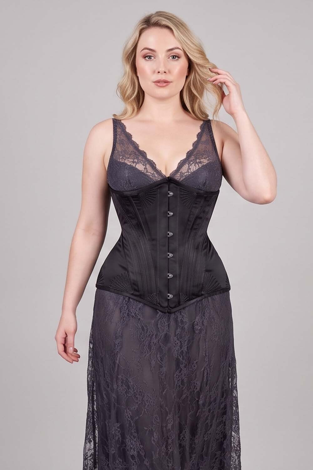 ORCHID Underbust Waist-Training Corset in Black Satin on model - front view