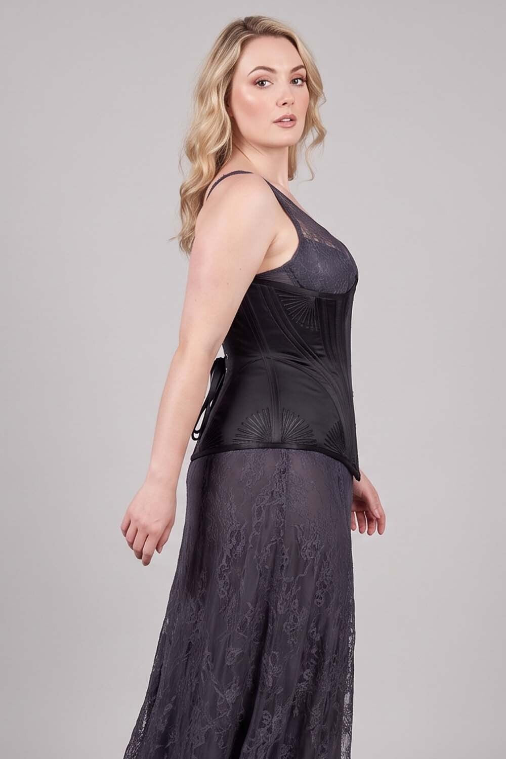 ORCHID Underbust Waist-Training Corset in Black Satin on model - side view