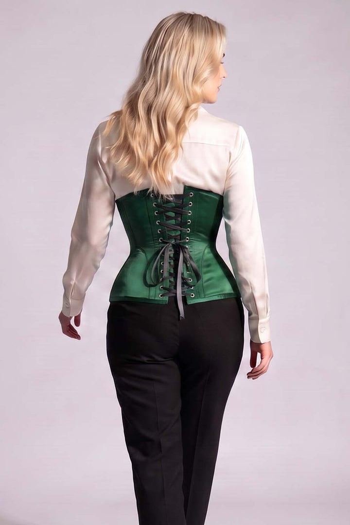 ORCHID Underbust Waist-Training Corset in Green Satin on model - back view