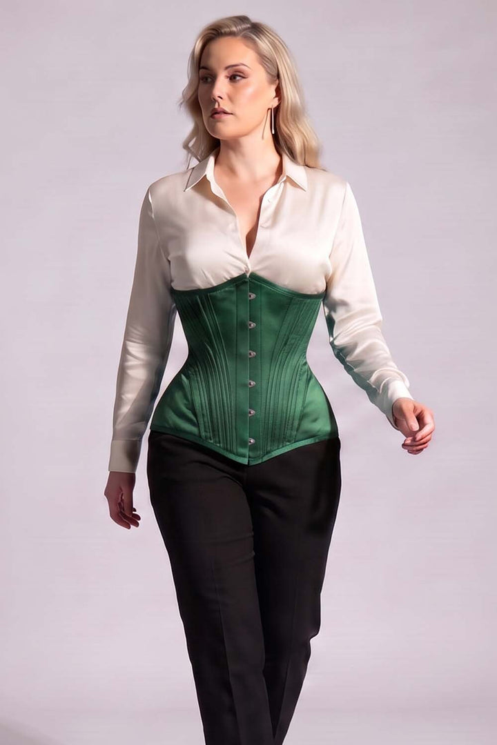 ORCHID Underbust Waist-Training Corset in Green Satin on model - front view