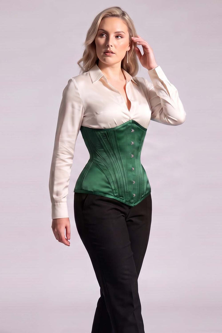 ORCHID Underbust Waist-Training Corset in Green Satin on model - side view