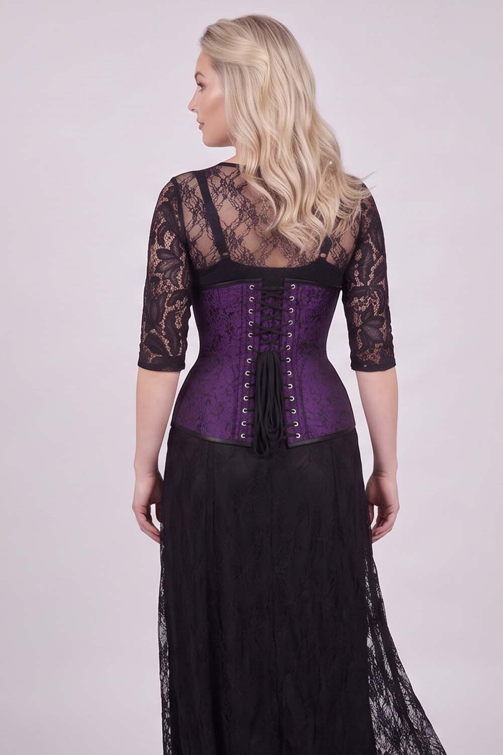 ORCHID Underbust Waist-Training Corset in Purple Brocade on model - back view