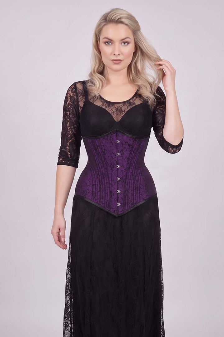 ORCHID Underbust Waist-Training Corset in Purple Brocade on model - front view