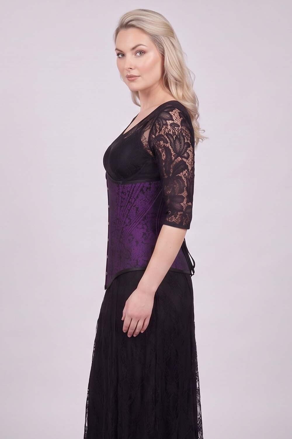 ORCHID Underbust Waist-Training Corset in Purple Brocade on model - side view