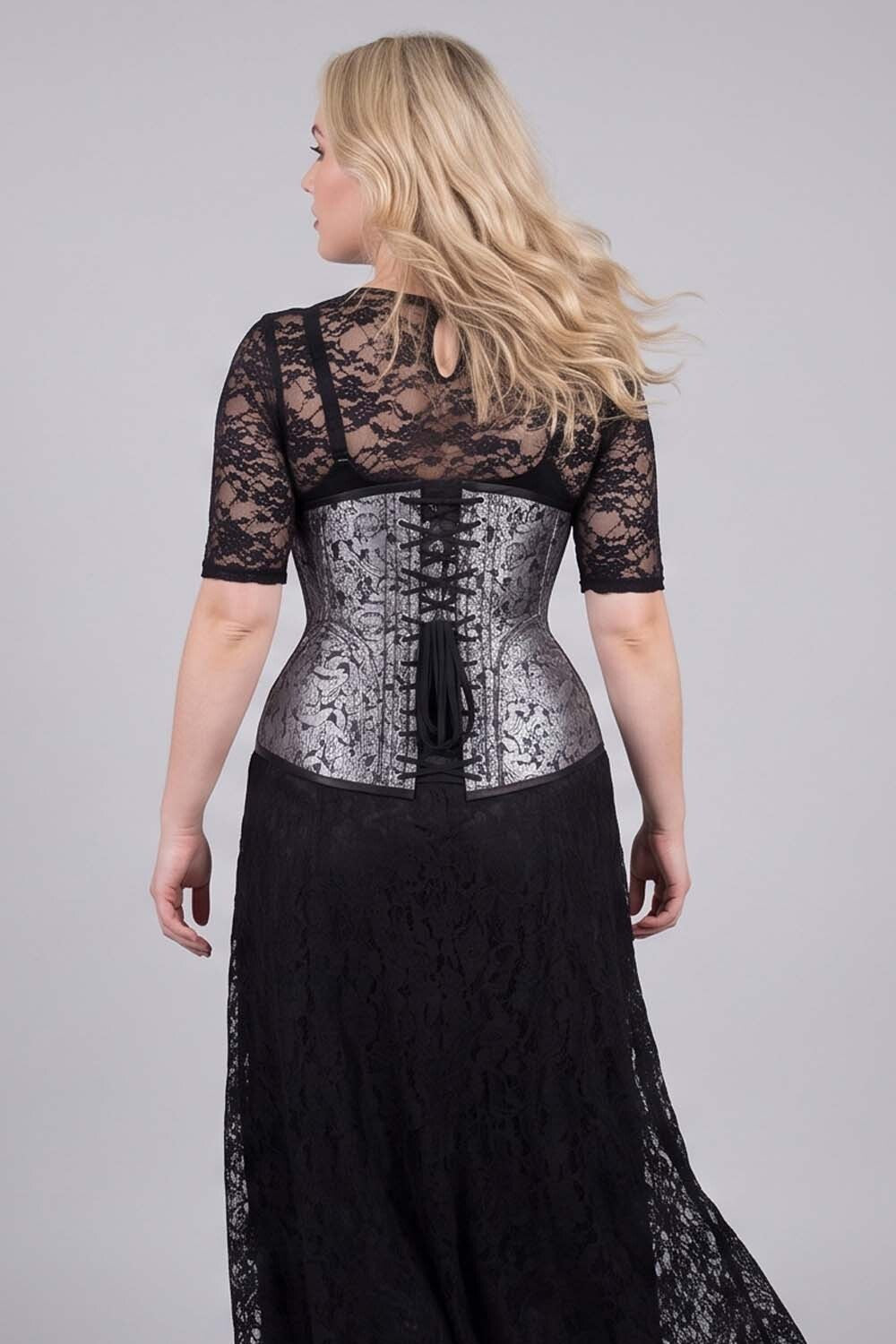 ORCHID Underbust Waist-Training Corset in Silver Brocade on model - back view