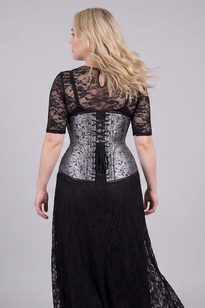 ORCHID Underbust Waist-Training Corset in Silver Brocade on model - back view