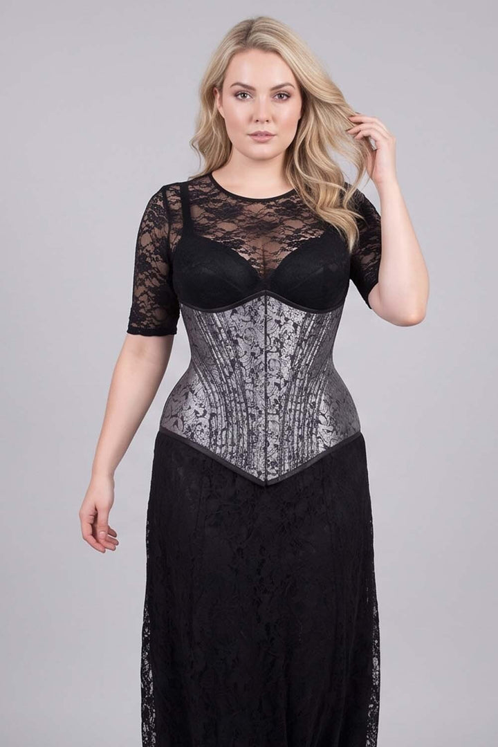 ORCHID Underbust Waist-Training Corset in Silver Brocade on model - front view