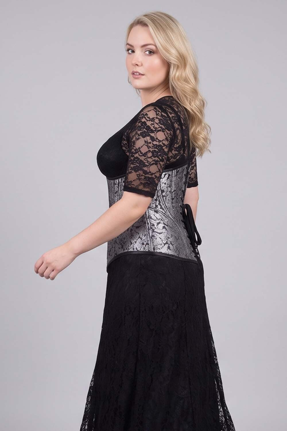 ORCHID Underbust Waist-Training Corset in Silver Brocade on model - side view