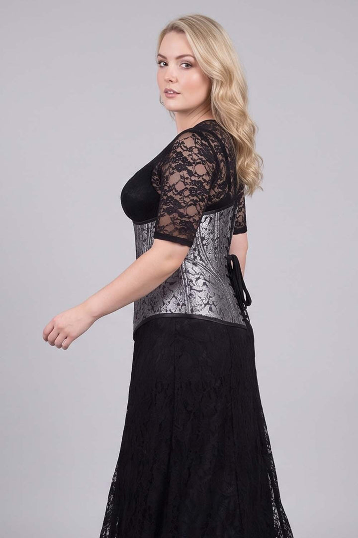 ORCHID Underbust Waist-Training Corset in Silver Brocade on model - side view