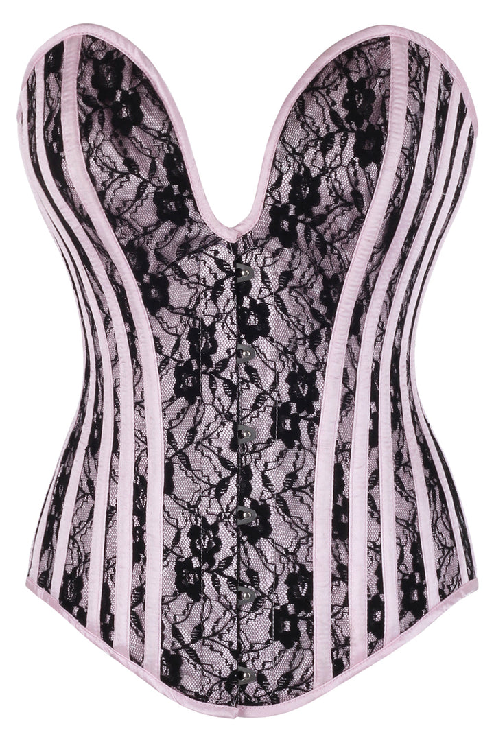 Pink Satin Black Lace Hiroko Overbust Corset