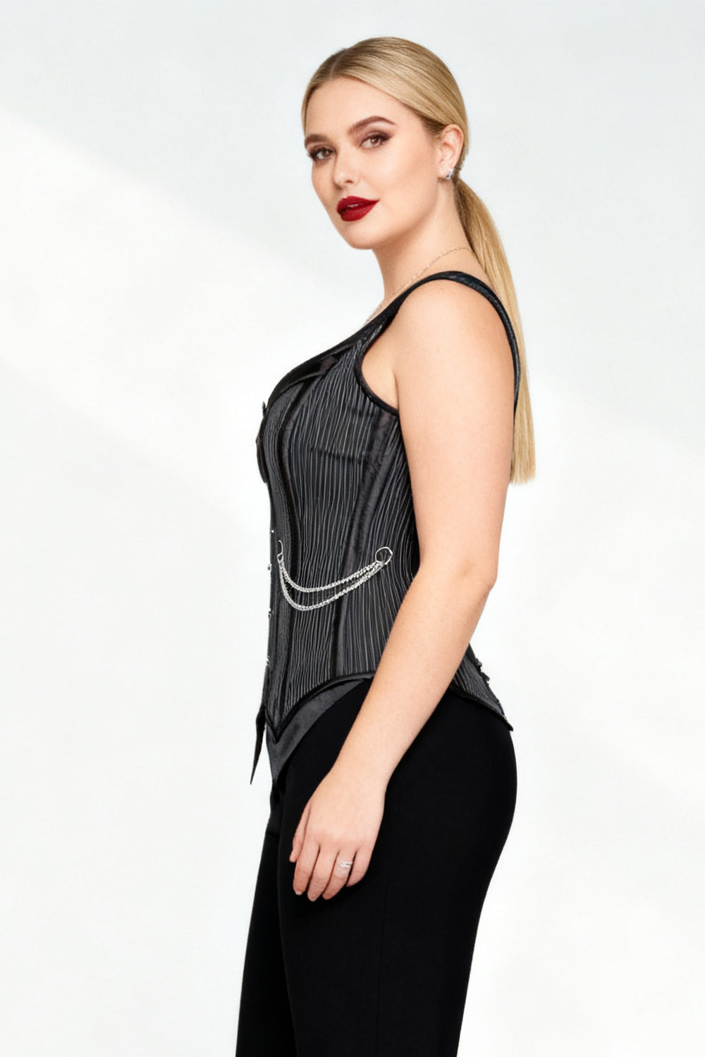 Black Pinstripe Laquisha Overbust Corset with Chain Detail
