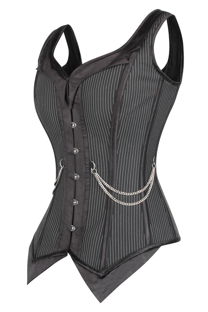 Black Pinstripe Laquisha Overbust Corset with Chain Detail