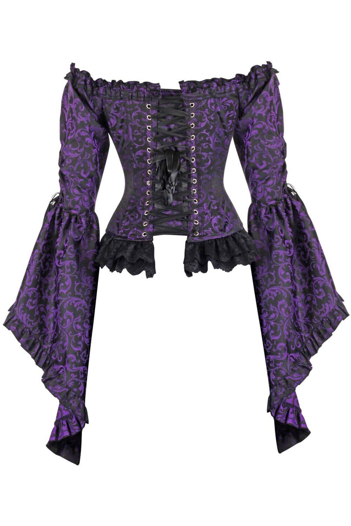 Purple Brocade Yumiko Overbust Corset with Sleeves - view 3 | LUXE NOIR