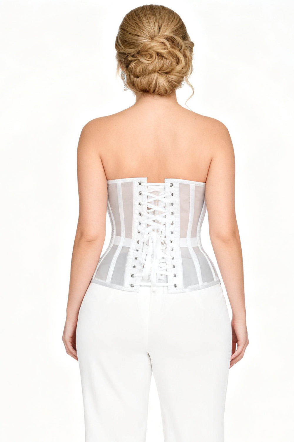 Tamica White Mesh Overbust Corset — on-model back view