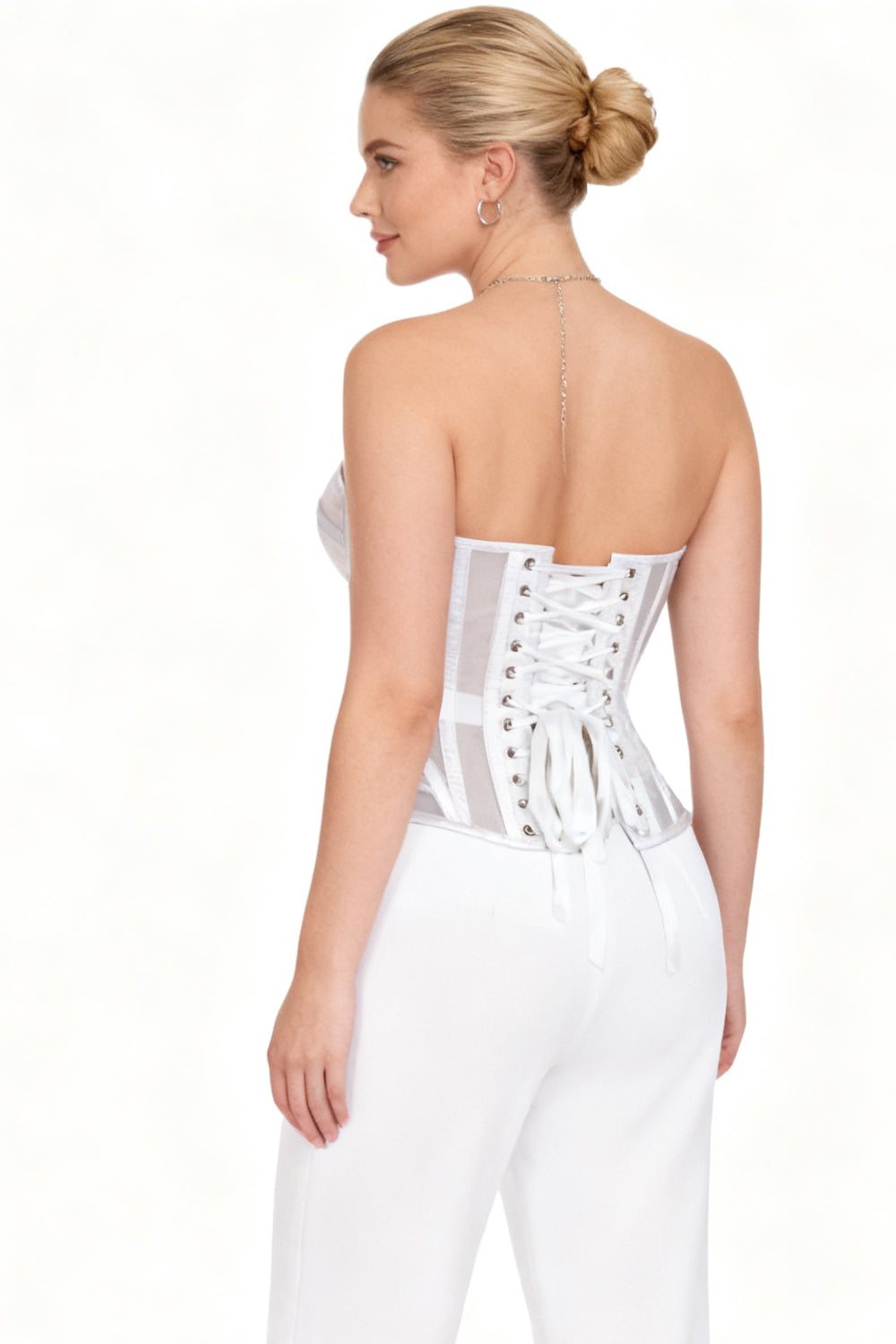 Sherae White Mesh Overbust Corset — on-model back view