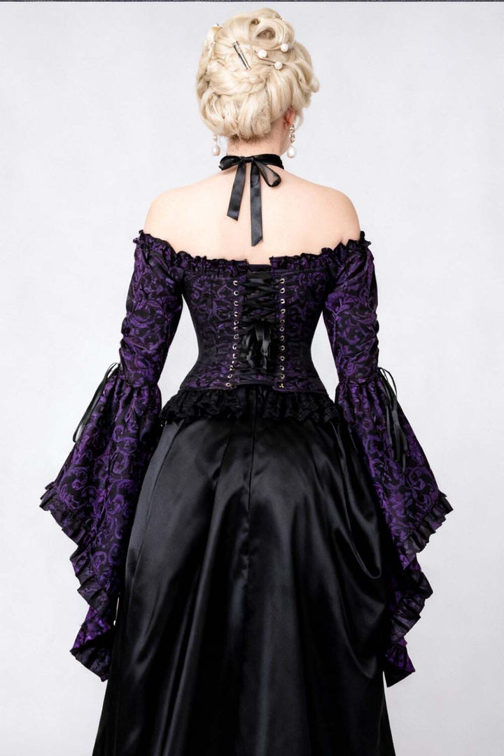 Purple Brocade Yumiko Overbust Corset with Sleeves - view 6 | LUXE NOIR