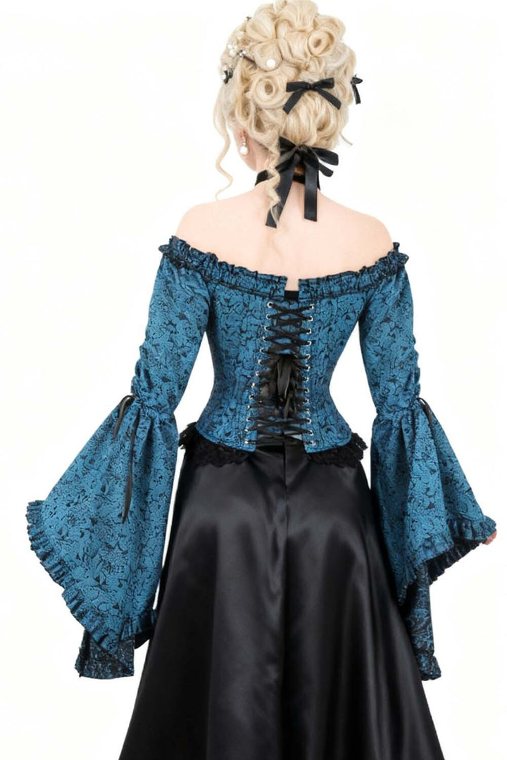Midnight Turquoise Yumiko Overbust Corset with Bell Sleeves - view 6 | LUXE NOIR