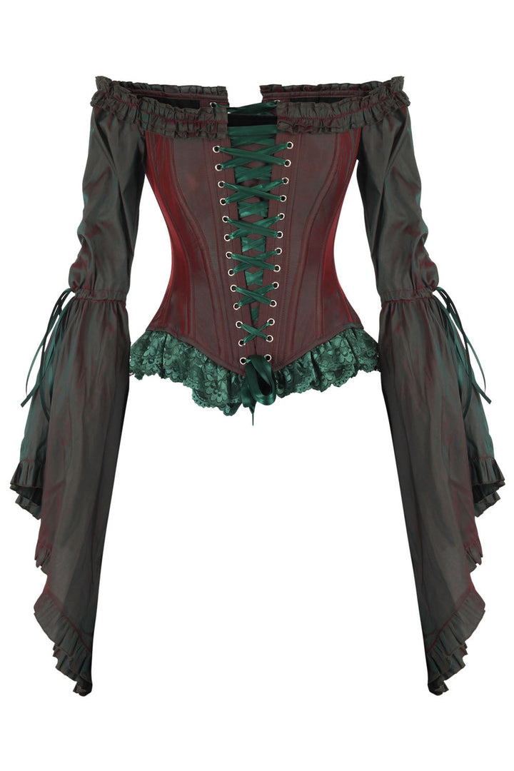 Burgundy Emerald Yumiko Rococo Overbust Off Shoulder Corset | LUXE NOIR