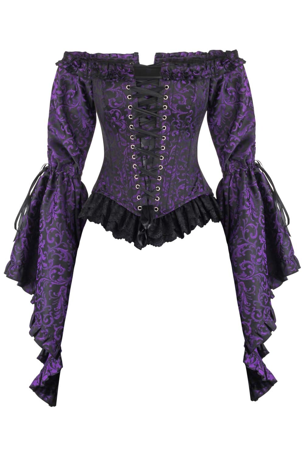 Purple Brocade Yumiko Overbust Corset with Sleeves | LUXE NOIR