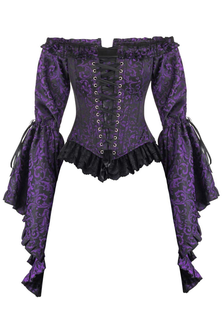 Purple Brocade Yumiko Overbust Corset with Sleeves | LUXE NOIR
