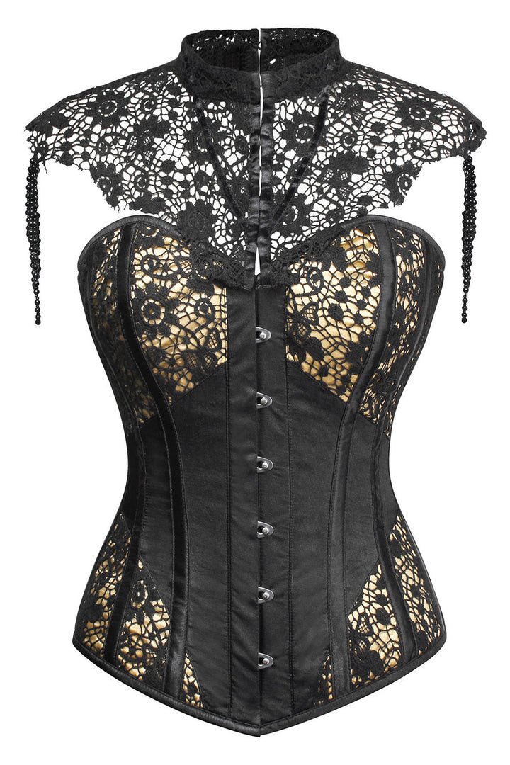 Black and Gold Cindel Satin with Lace Overbust Gothic Corset