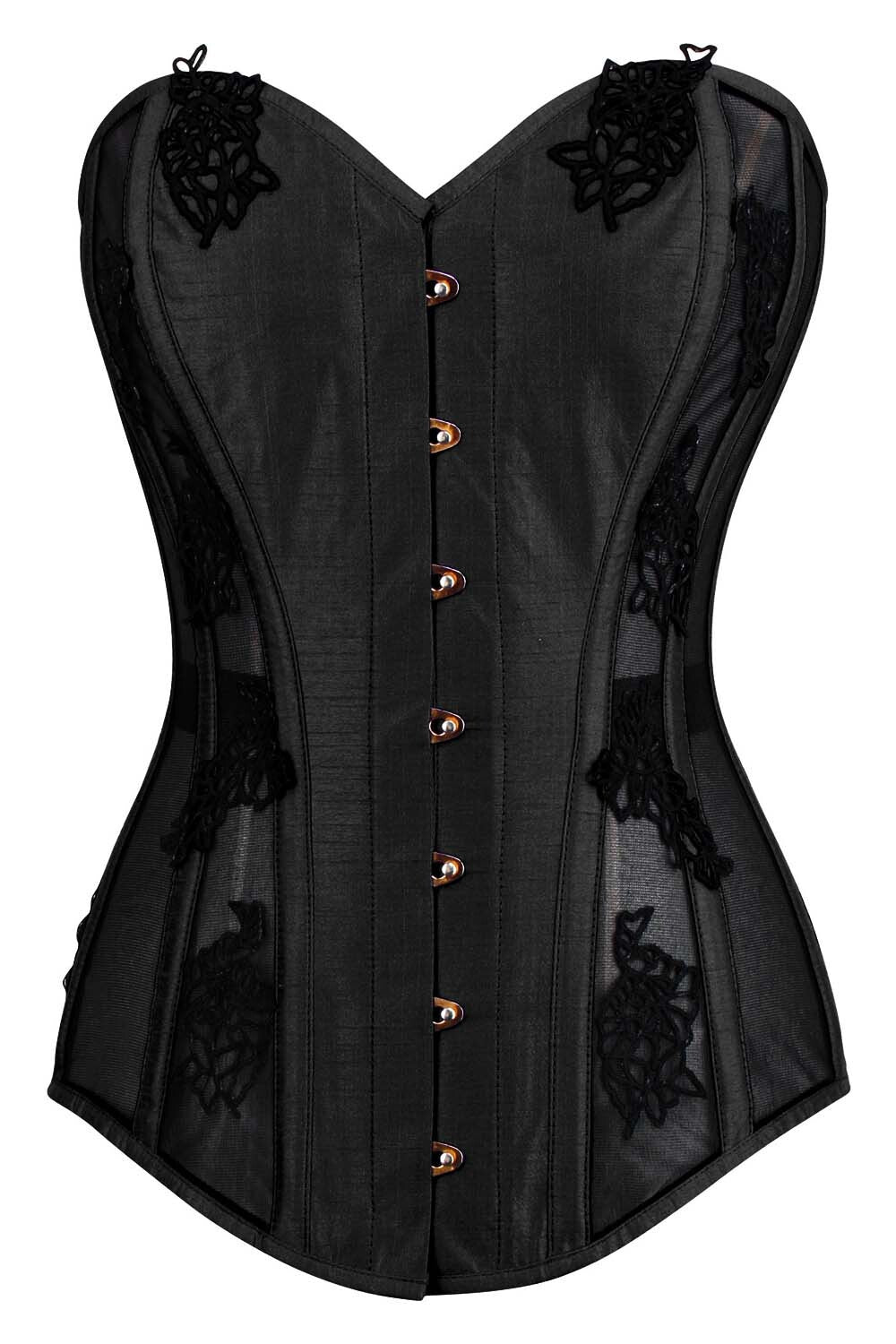 Black Valerie Overbust Corset with Black Lace and Mesh Panels | LUXE NOIR