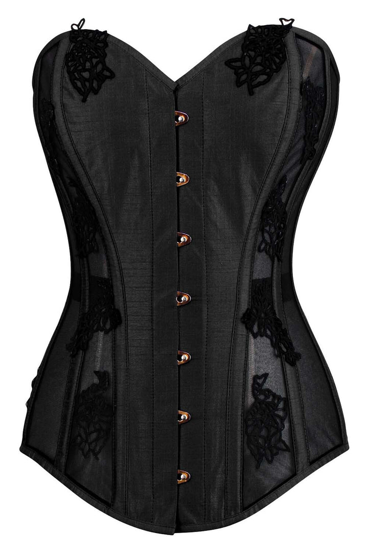 Black Valerie Overbust Corset with Black Lace and Mesh Panels | LUXE NOIR