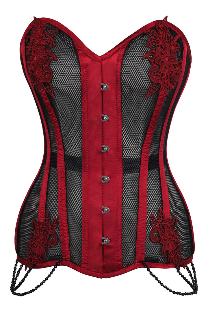 Burgundy Black Mesh Lace Applique Latonia Overbust Corset
