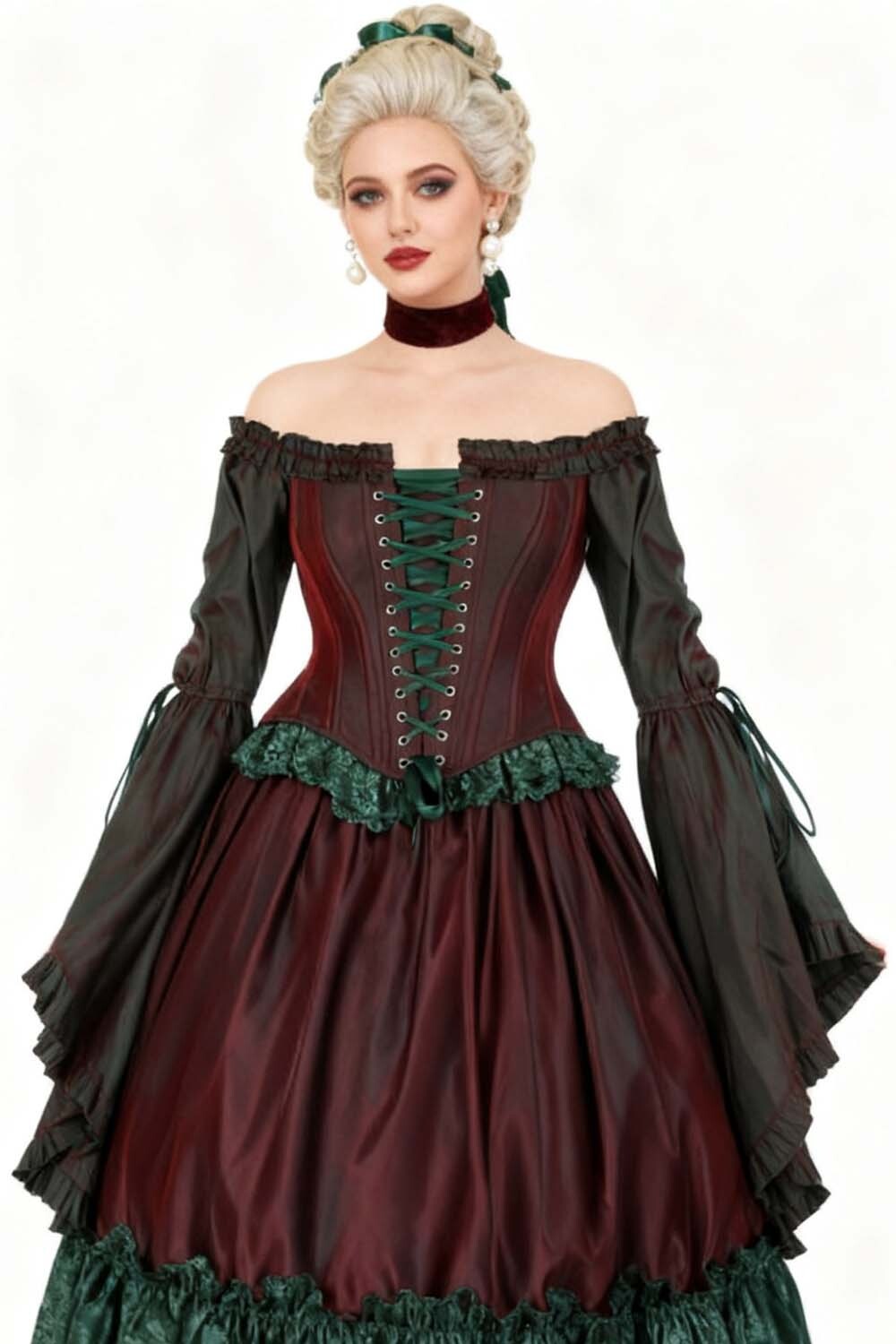 Burgundy Emerald Yumiko Rococo Overbust Off Shoulder Corset - view 4 | LUXE NOIR