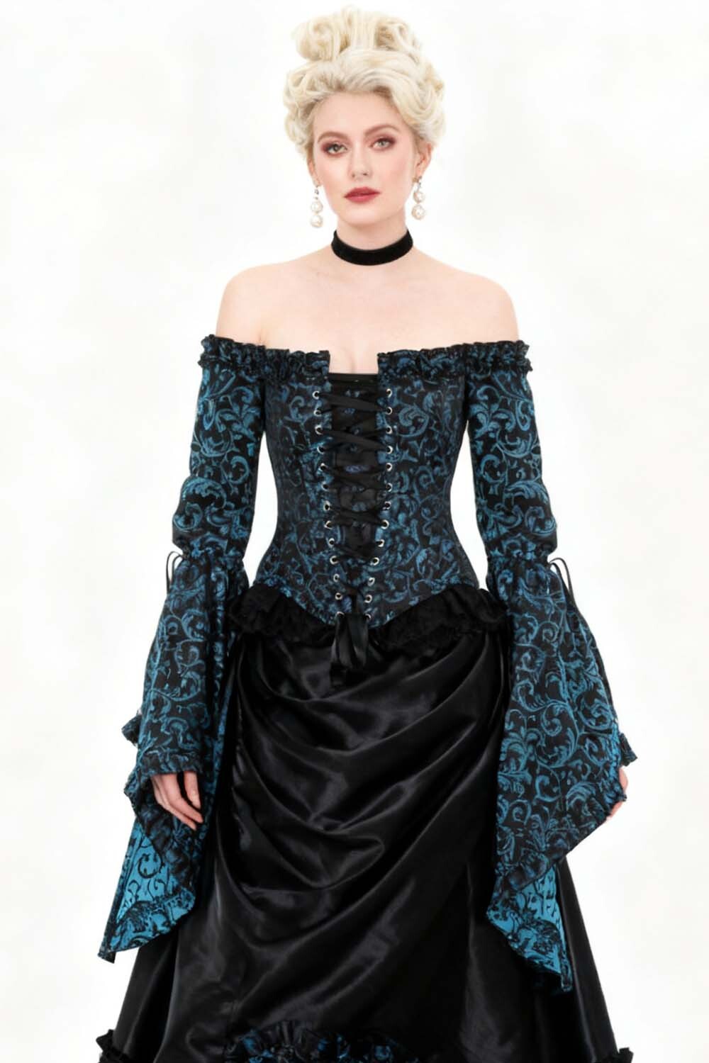 Turquoise Yumiko Rococo Overbust Off Shoulder Corset - view 4 | LUXE NOIR