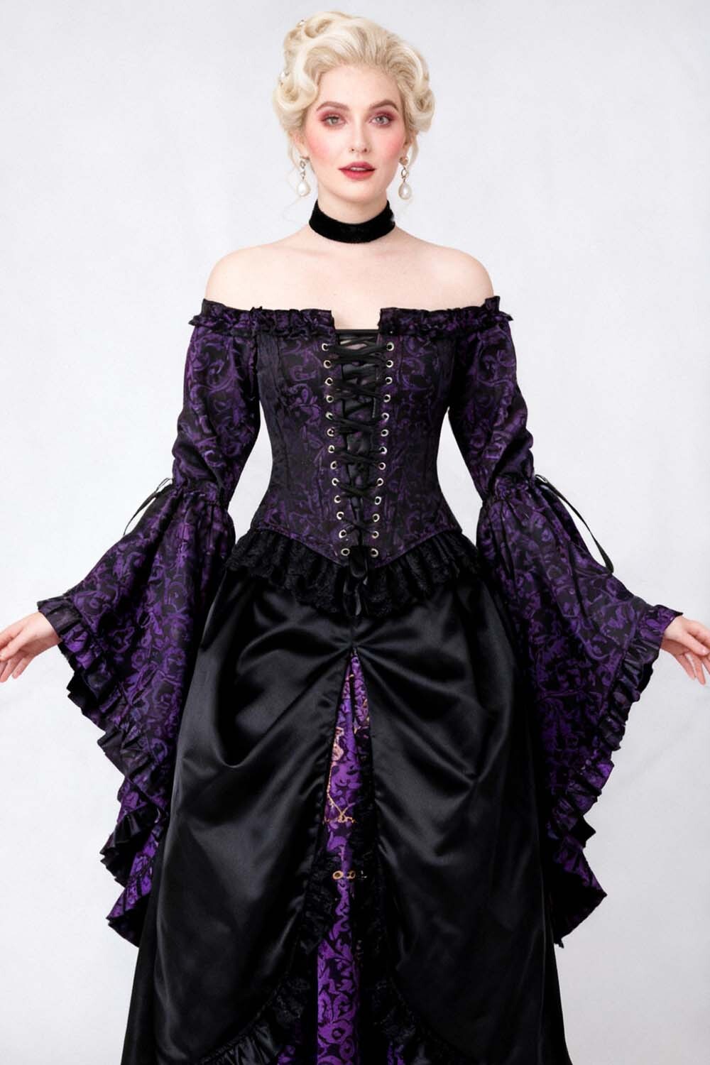 Purple Brocade Yumiko Overbust Corset with Sleeves - view 4 | LUXE NOIR