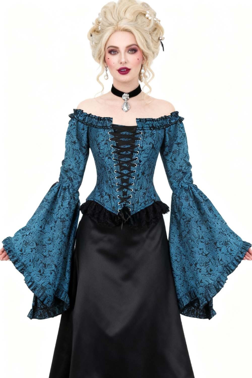 Midnight Turquoise Yumiko Overbust Corset with Bell Sleeves - view 4 | LUXE NOIR