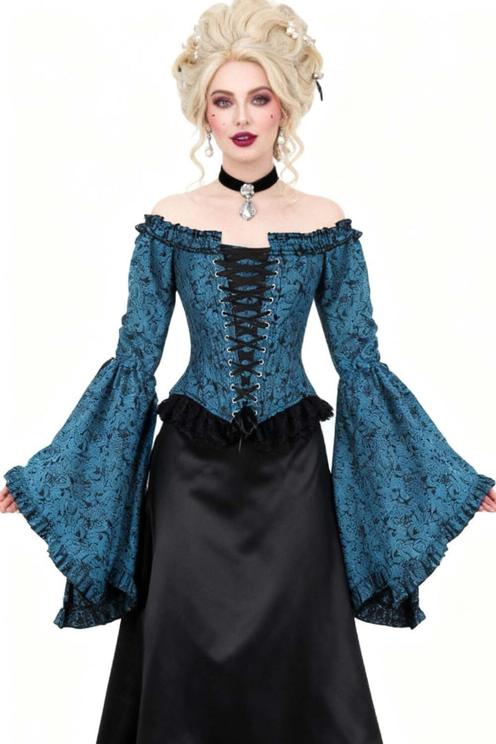 Midnight Turquoise Yumiko Overbust Corset with Bell Sleeves - view 4 | LUXE NOIR