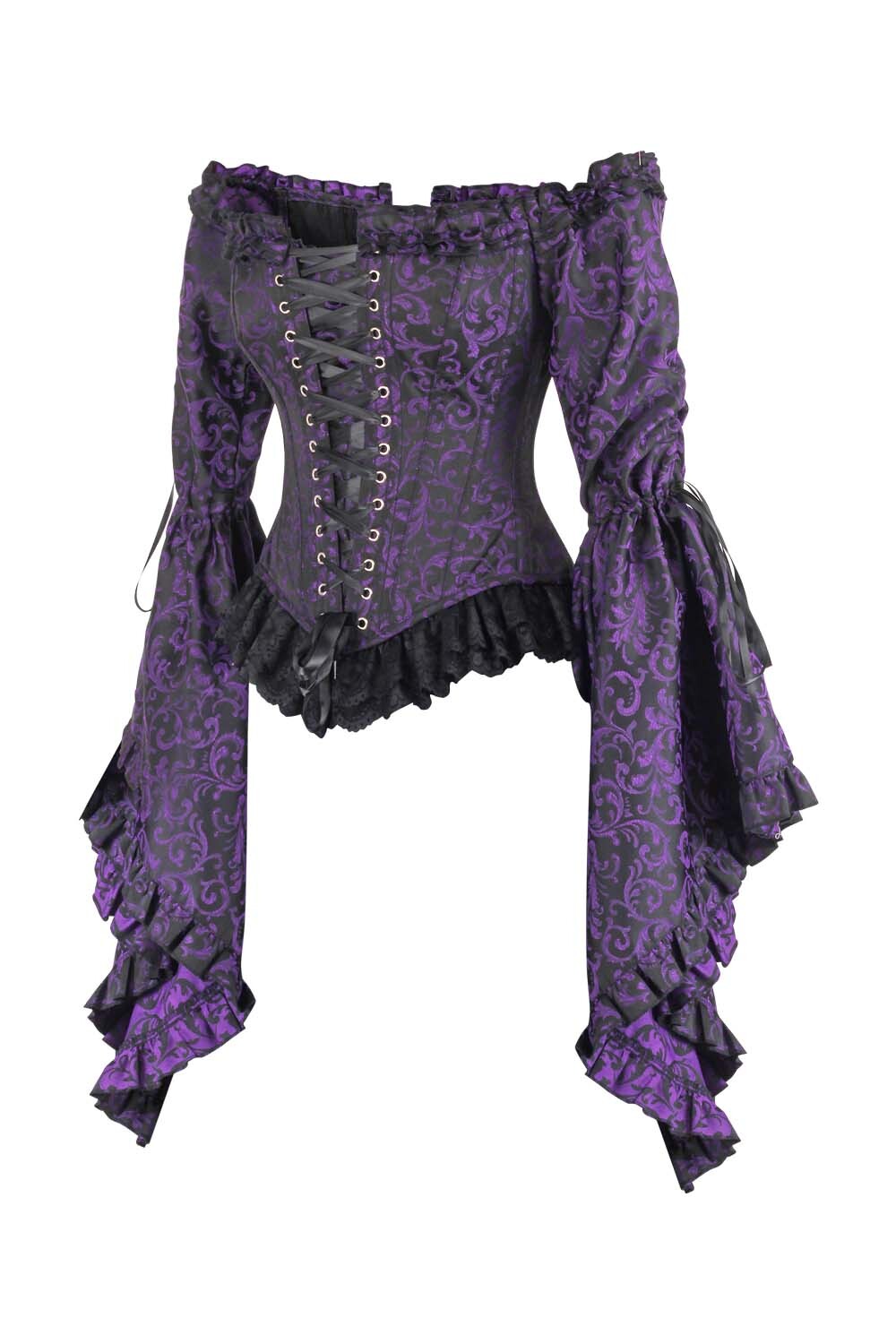 Purple Brocade Yumiko Overbust Corset with Sleeves - view 2 | LUXE NOIR