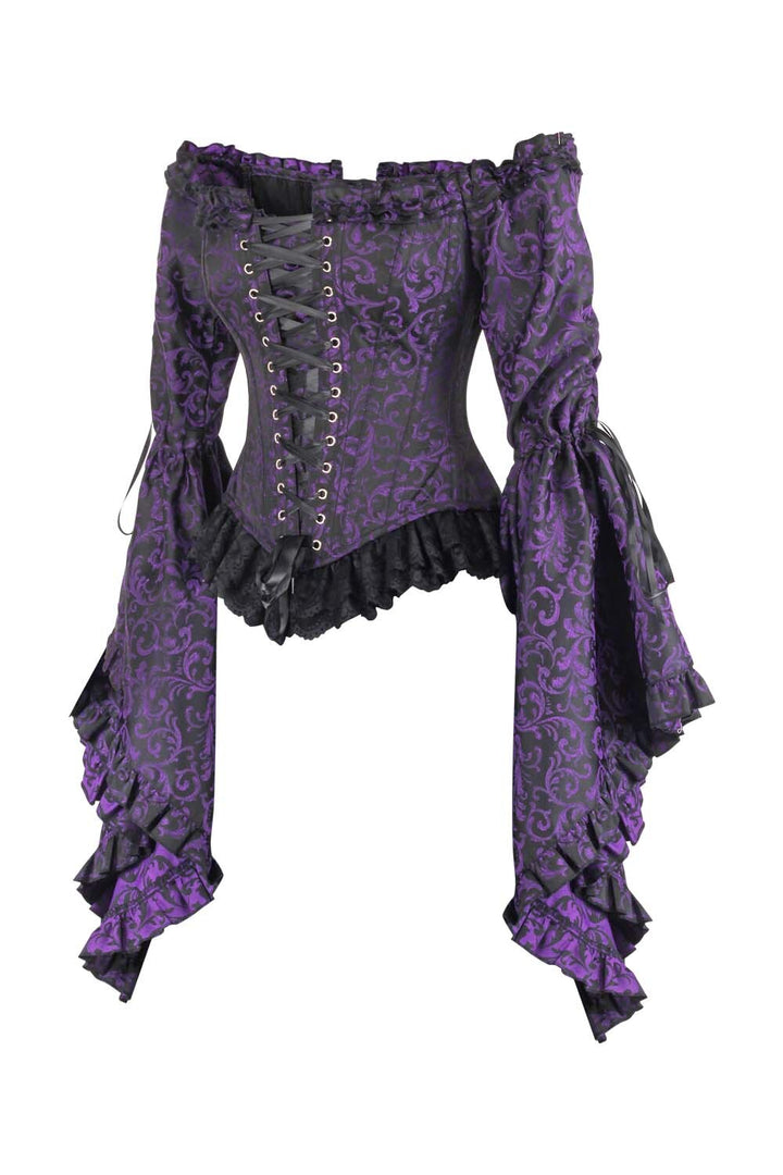 Purple Brocade Yumiko Overbust Corset with Sleeves - view 2 | LUXE NOIR