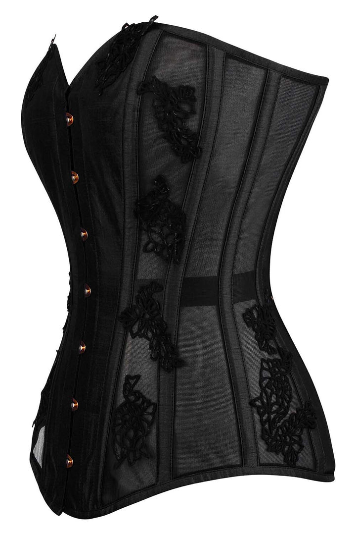 Black Valerie Overbust Corset with Black Lace and Mesh Panels - view 2 | LUXE NOIR
