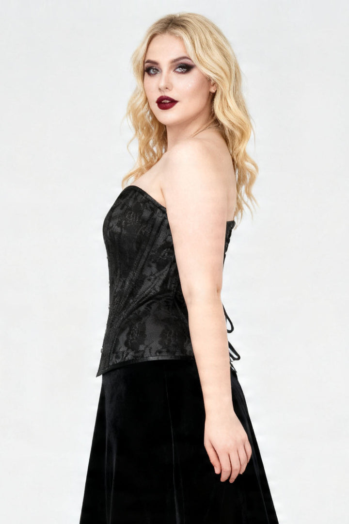 Novalee Midnight Black Satin with Lace Overlay Overbust Corset