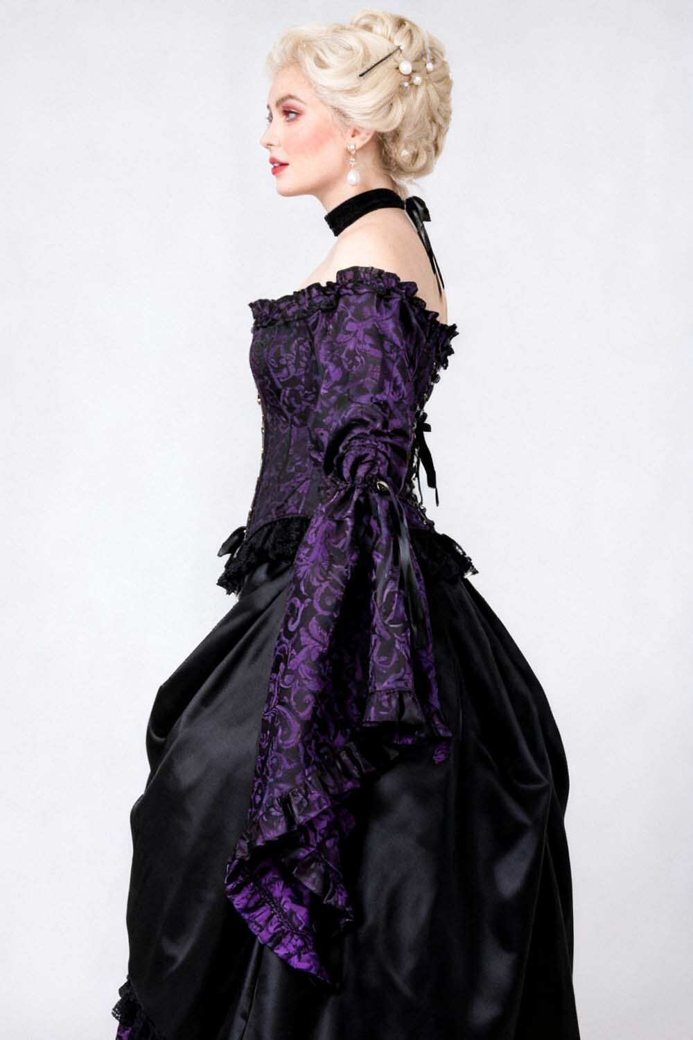 Purple Brocade Yumiko Overbust Corset with Sleeves - view 5 | LUXE NOIR