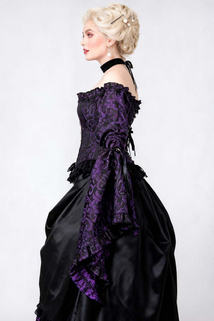 Purple Brocade Yumiko Overbust Corset with Sleeves - view 5 | LUXE NOIR