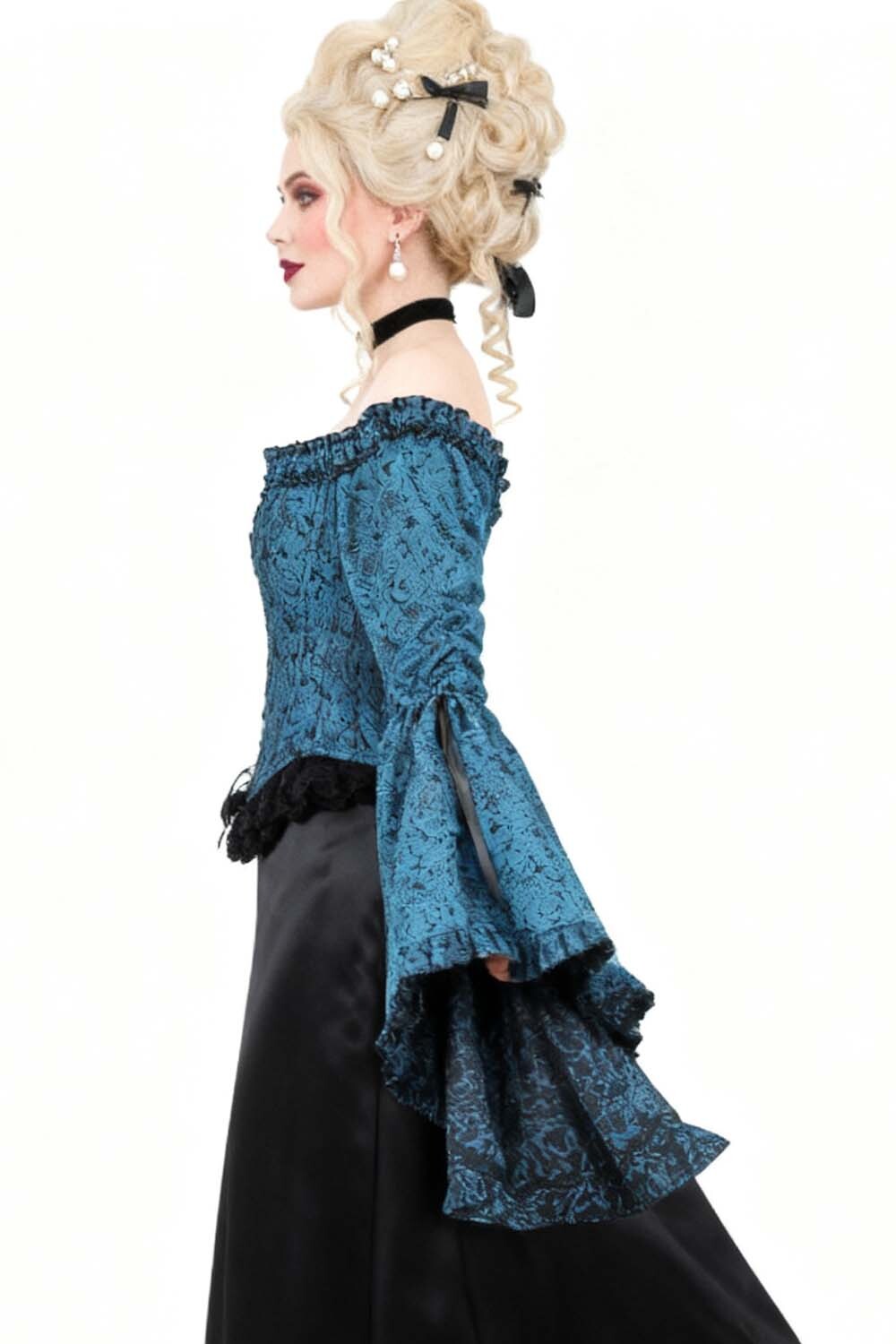 Midnight Turquoise Yumiko Overbust Corset with Bell Sleeves - view 5 | LUXE NOIR
