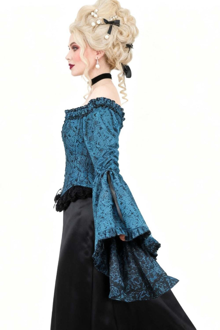 Midnight Turquoise Yumiko Overbust Corset with Bell Sleeves - view 5 | LUXE NOIR