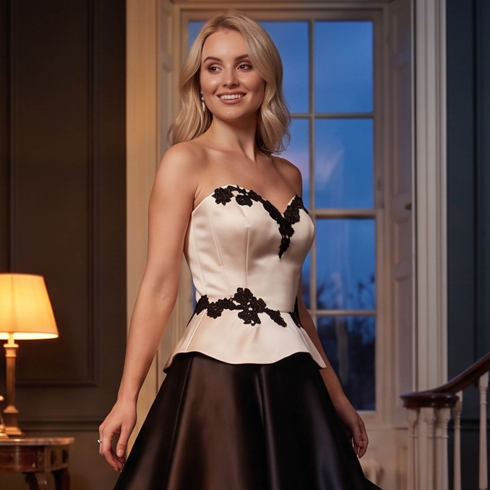 A woman wearing a Luxe Noir strapless formal gown with a cream satin bodice, black floral lace applique, and a black satin skirt, standing in an elegant indoor setting with a window and lamp in the background.