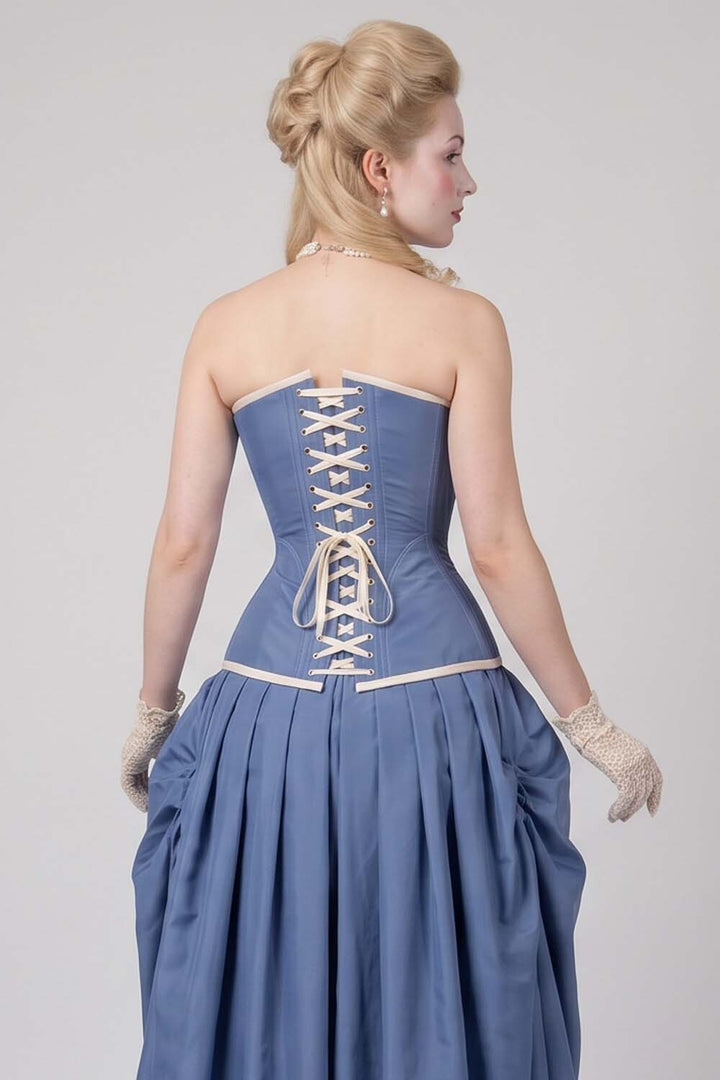 ASTER Overbust Waist-Training Corset in Wedgwood Blue &amp; Ivory Taffeta on model – back view