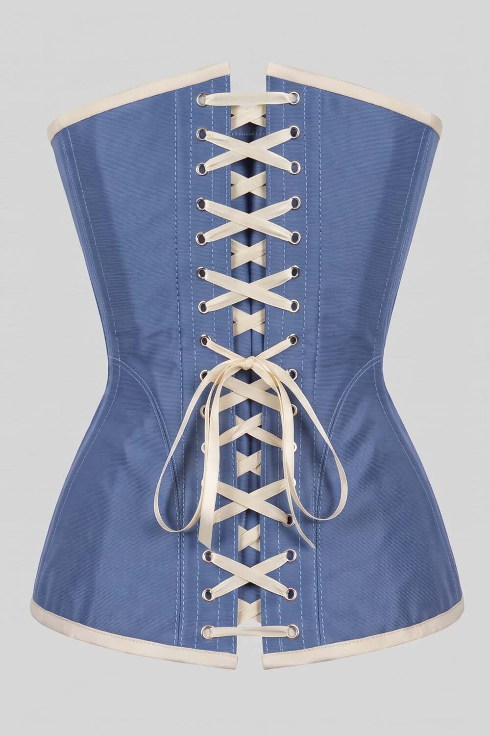 ASTER Overbust Waist-Training Corset in Wedgwood Blue &amp; Ivory Taffeta by Luxe Noir – back view