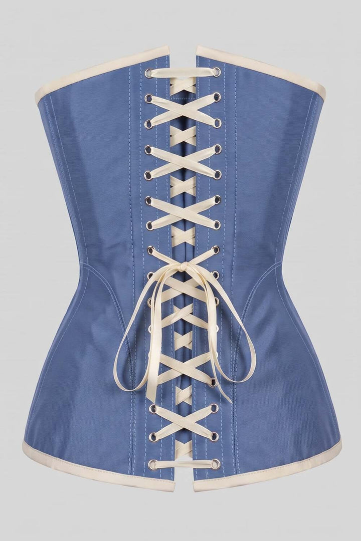 ASTER Overbust Waist-Training Corset in Wedgwood Blue &amp; Ivory Taffeta by Luxe Noir – back view
