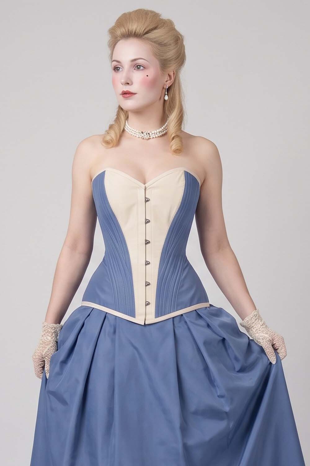 ASTER Overbust Waist-Training Corset in Wedgwood Blue & Ivory Taffeta on model – front view