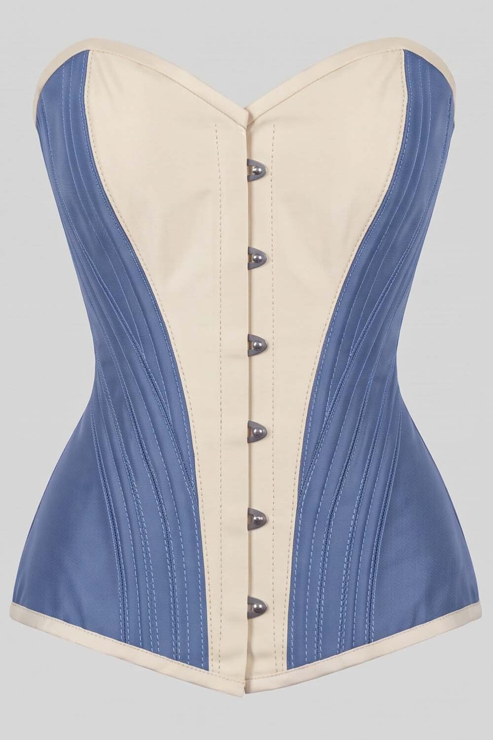 ASTER Overbust Waist-Training Corset in Wedgwood Blue &amp; Ivory Taffeta by Luxe Noir – front view