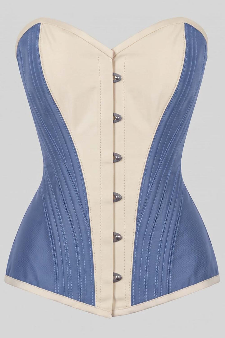 ASTER Overbust Waist-Training Corset in Wedgwood Blue &amp; Ivory Taffeta by Luxe Noir – front view