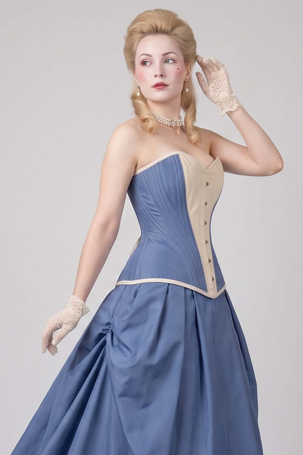 ASTER Overbust Waist-Training Corset in Wedgwood Blue & Ivory Taffeta on model – side view